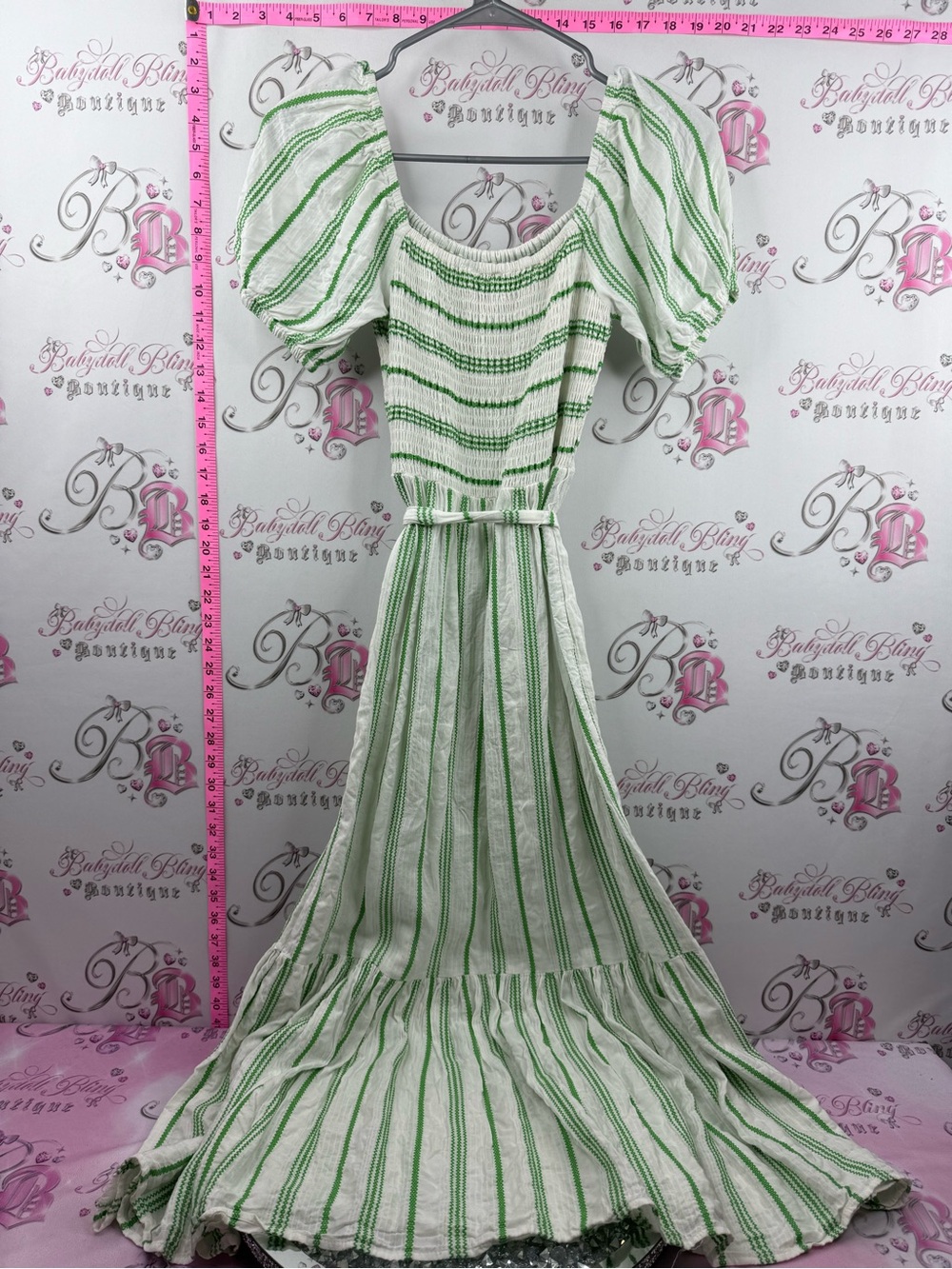 Monsoon dress puff sleeve belted White and Green Striped Smocked Maxi Dress